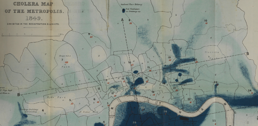 Part of a map of London displaying areas of cholera outbreak in 1849
