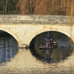 Steering a punt under a stone bridge on the river Cam, in autumn